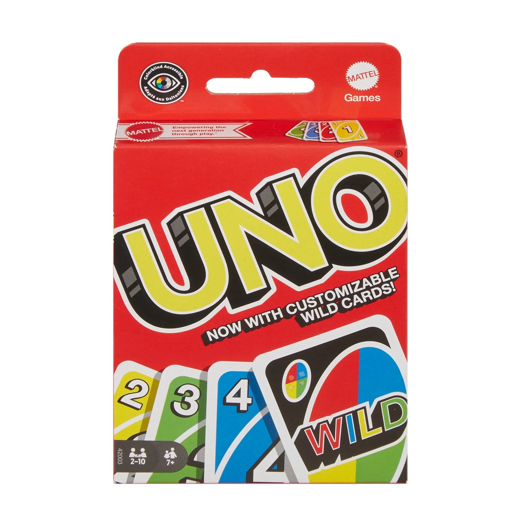 UNO card game packaging with colorful card illustrations on a white background