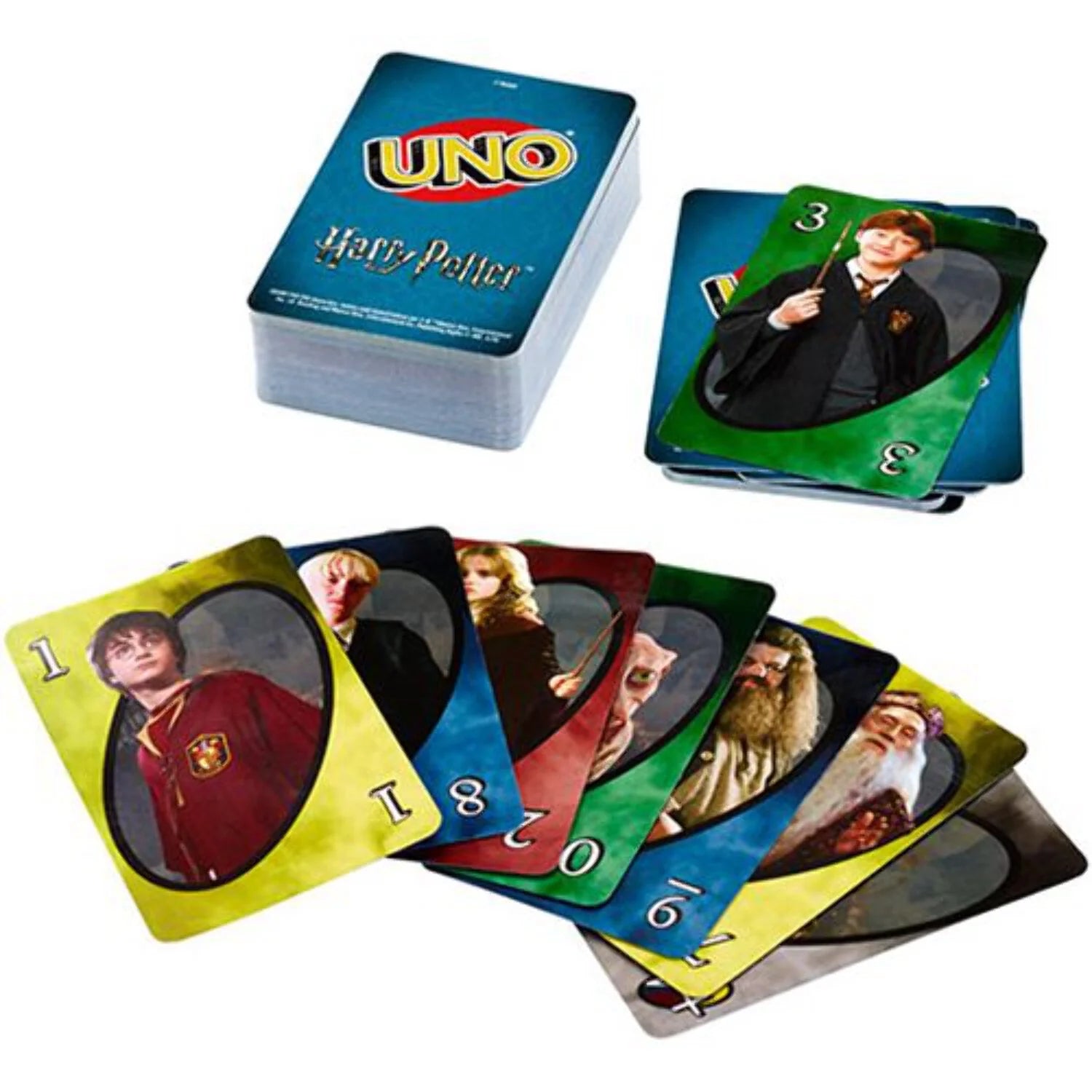 Harry Potter themed UNO card game set with character cards on a white background
