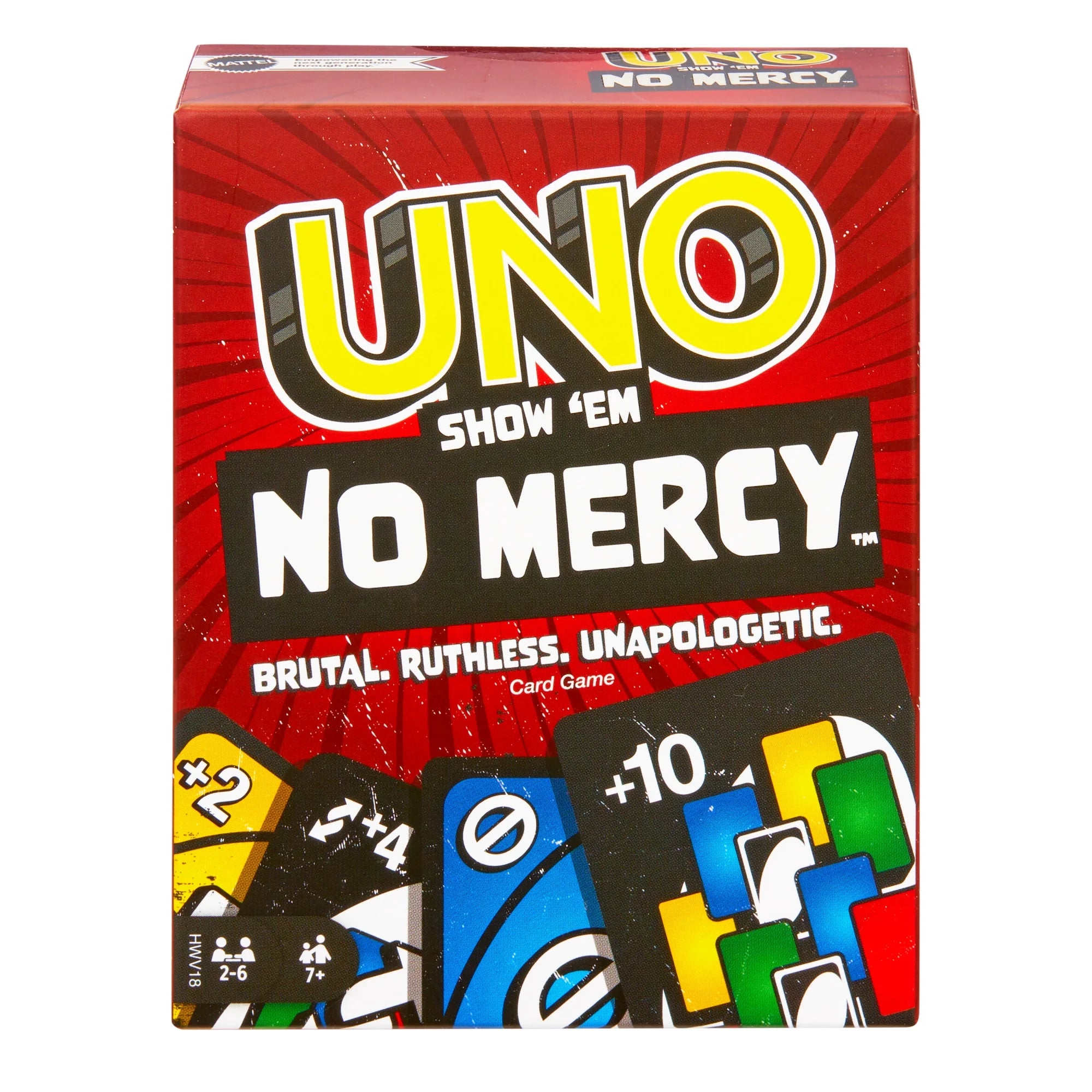 UNO Show 'Em No Mercy card game box with red background and colorful card illustrations.