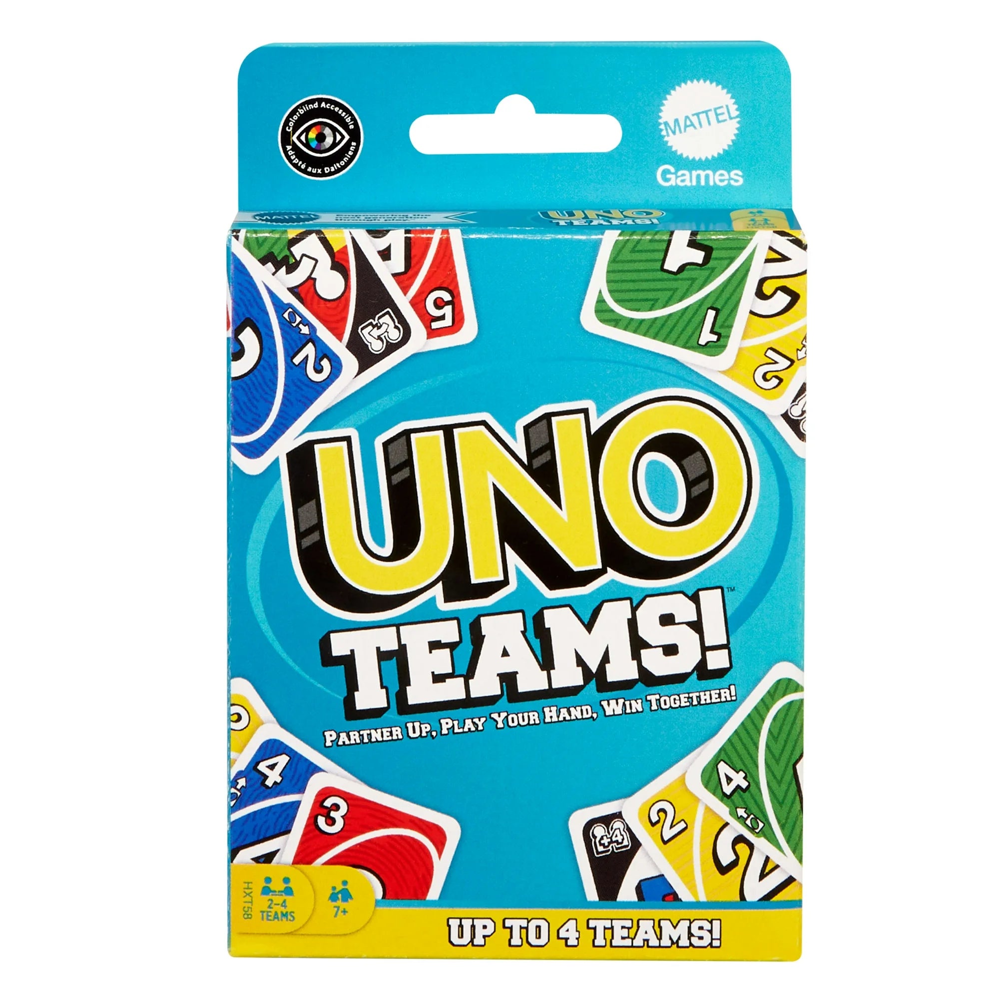 UNO Teams! card game packaging by Mattel on a white background