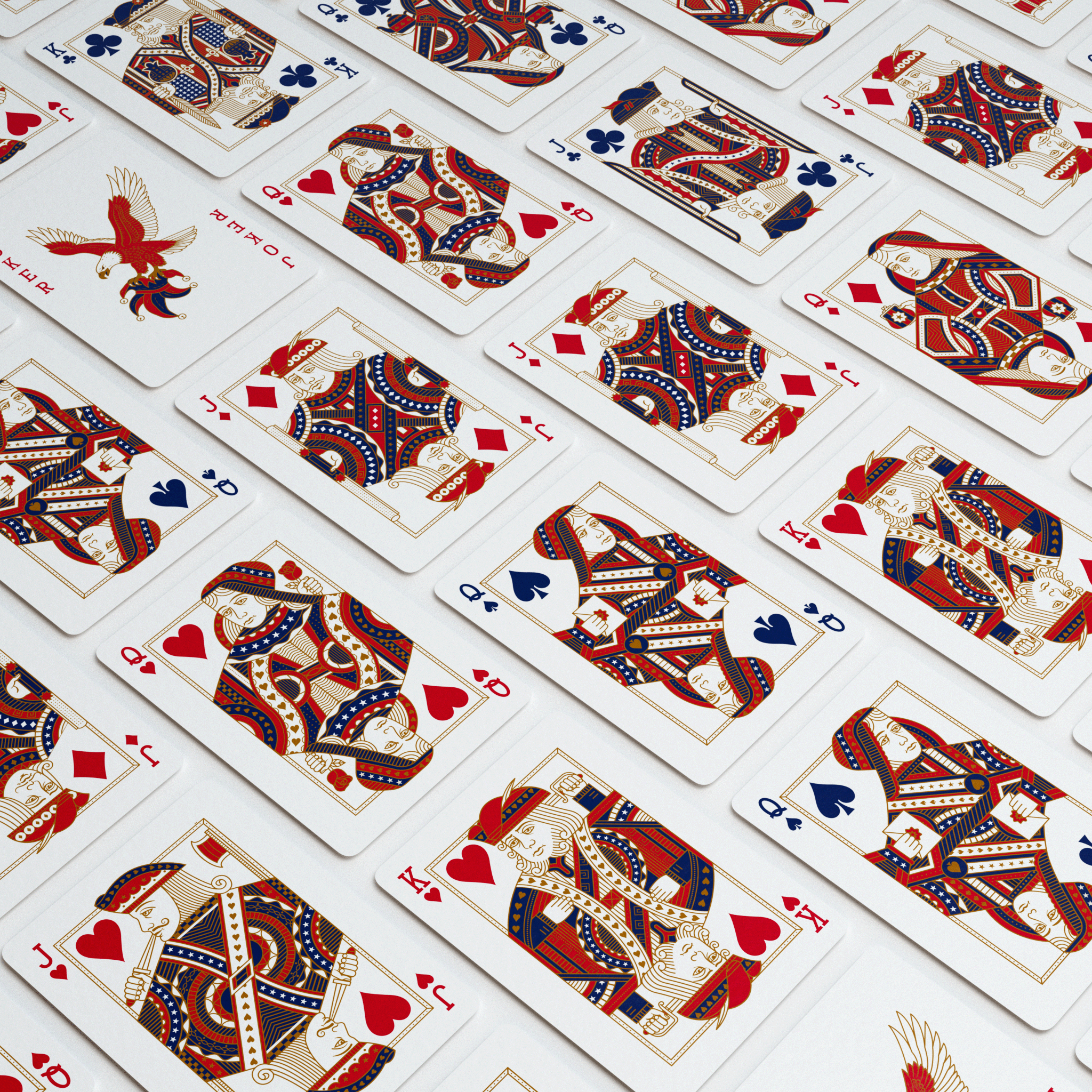 Custom red, white, blue, and gold court cards and eagle Jokers from the Remembrance America 250 playing card deck on green felt