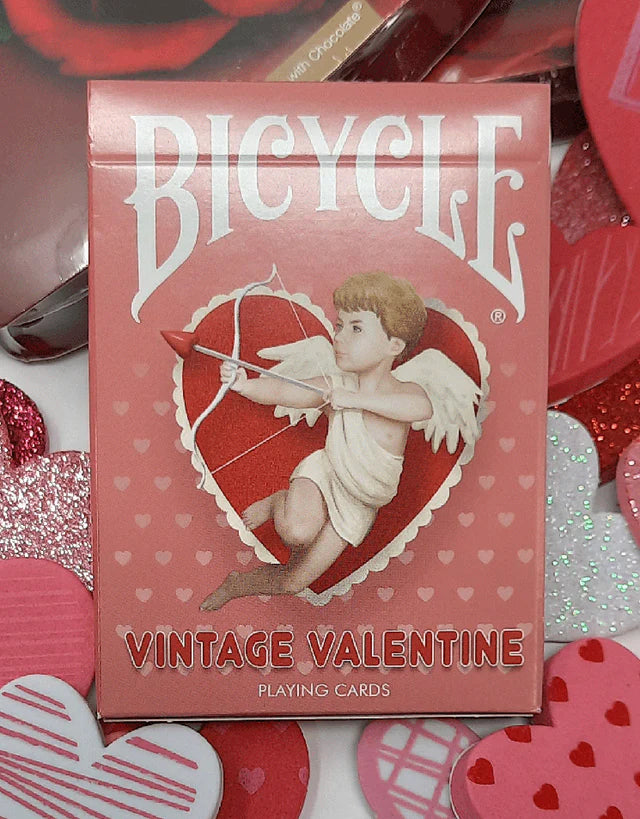 Bicycle Vintage Valentine playing cards packaging with Cupid illustration on a heart background.