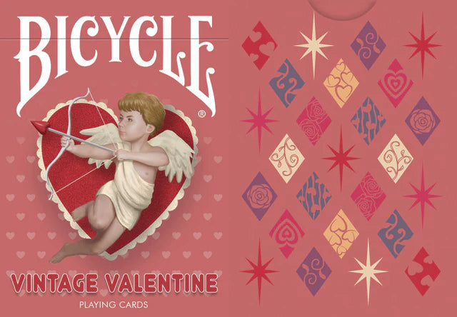 Bicycle Vintage Valentine playing cards with Cupid and decorative elements on a red background