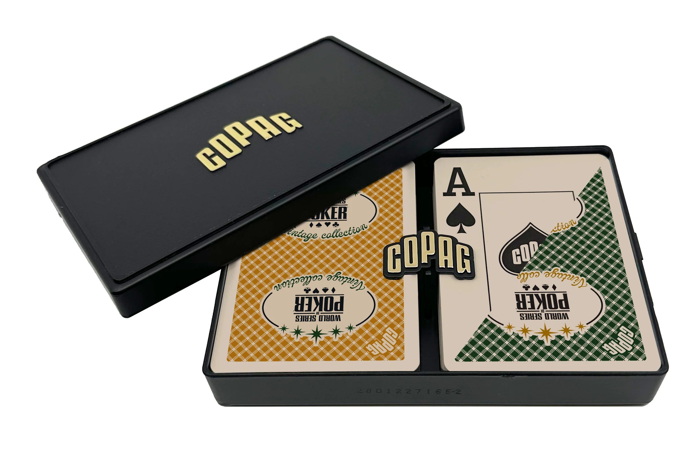 Copag WSOP Vintage Collection green and gold double deck set in black hard plastic case