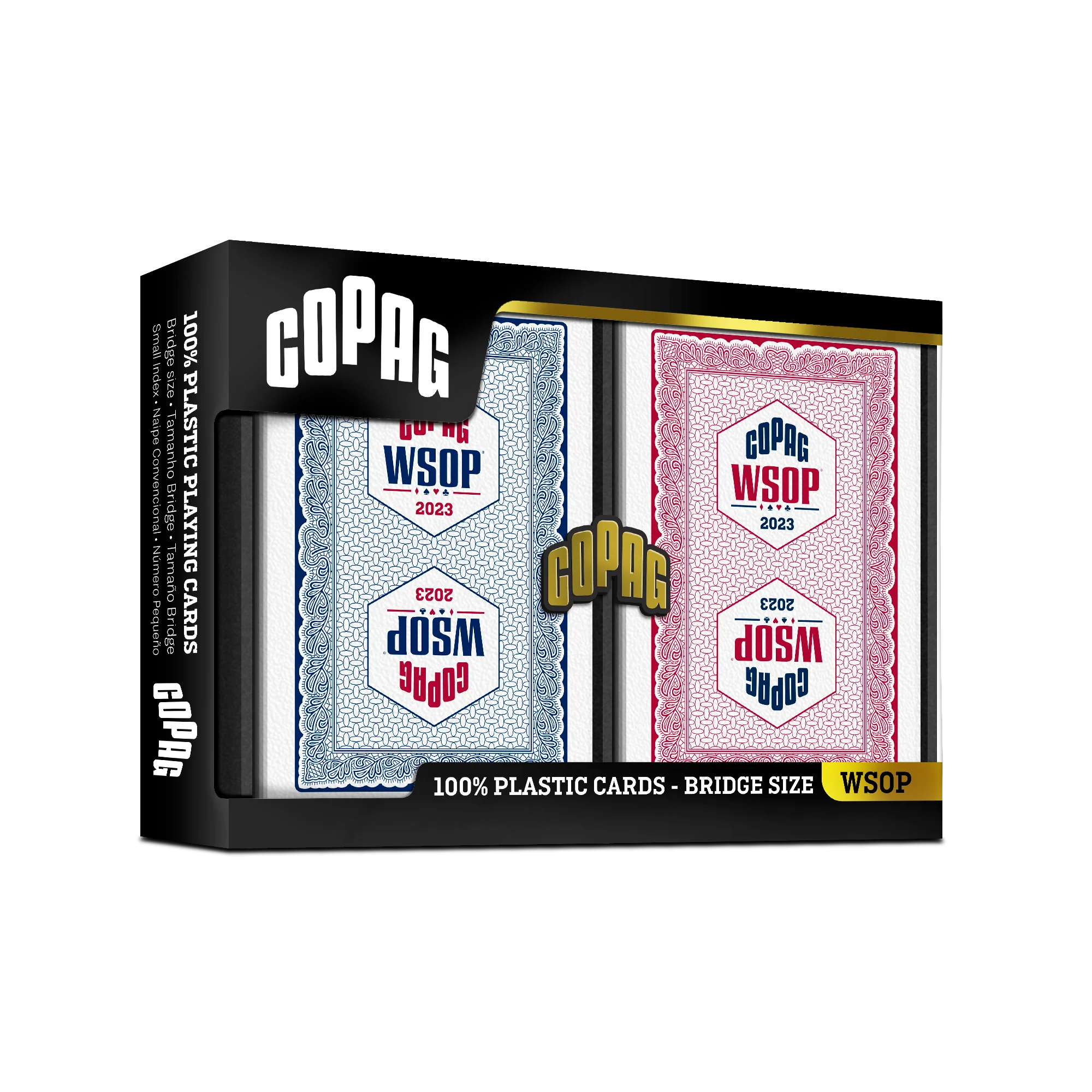 Copag WSOP 2023 red and blue bridge-size regular index plastic double deck set
