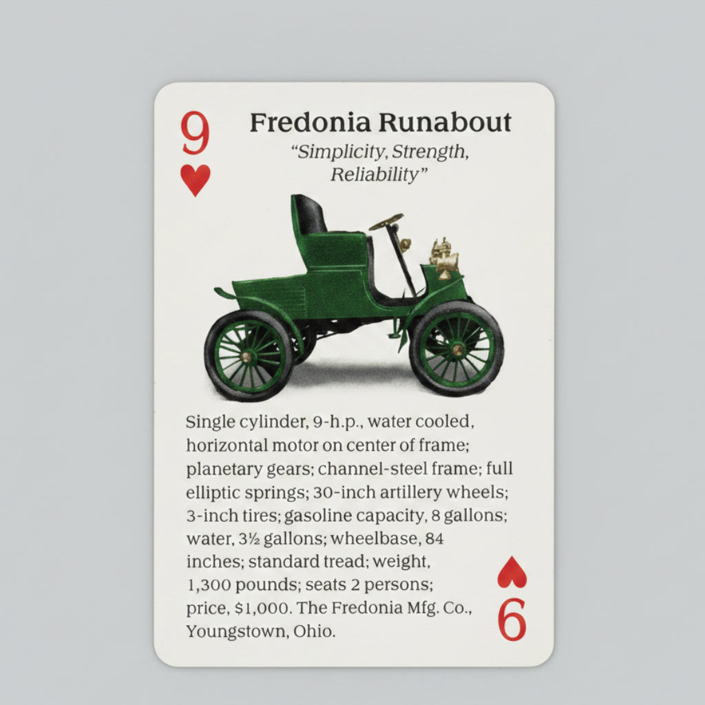 Turn of the Century Motor Cars Playing Cards by U.S. Games featuring early 1904 automobiles featuring Fredonia Runabout.