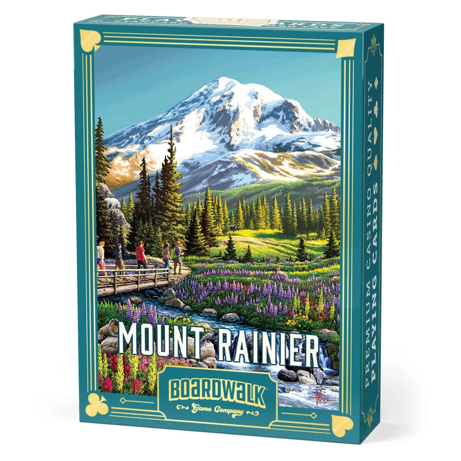 Mount Rainier Playing Cards by Boardwalk tuck box with mountain, forest, wildflower, and hiker artwork