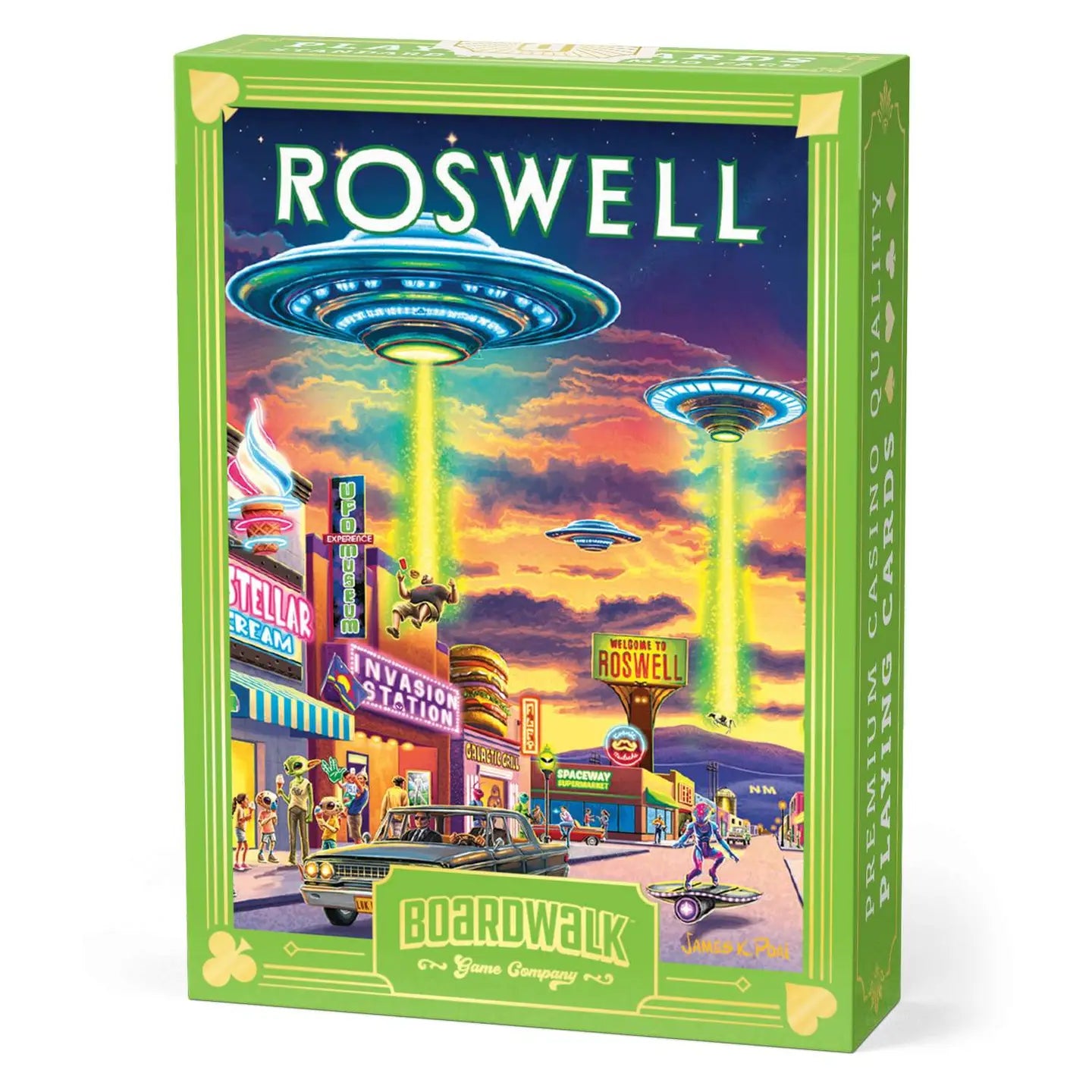 Roswell Playing Cards tuck box with colorful UFO invasion artwork