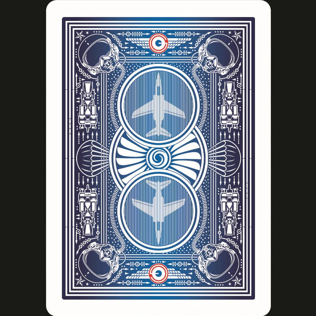 Playing card with airplane design on a blue and white background