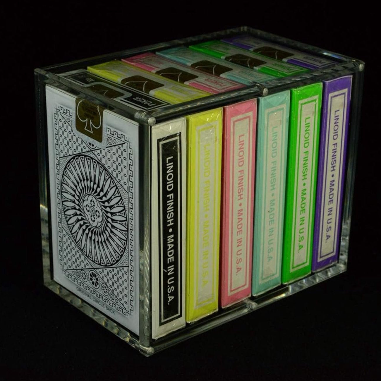 Side angle of Carat X6 Half Brick Case holding six Tally-Ho playing card decks