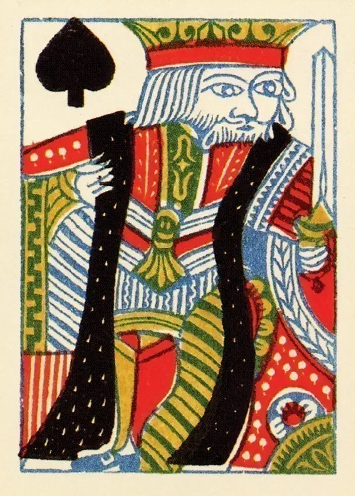 Colorful illustration of a king holding a sword on a playing card design.