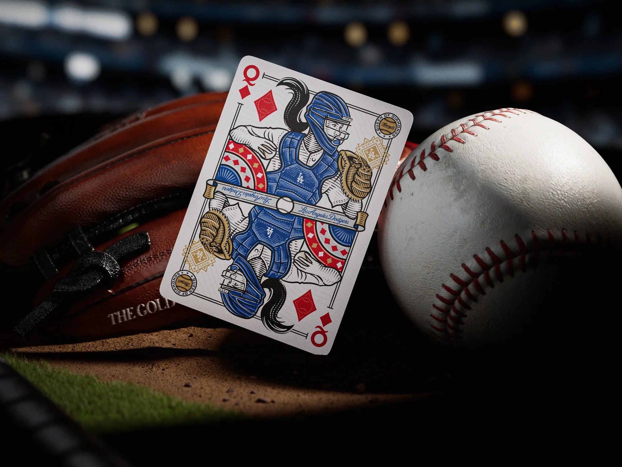 Queen of diamonds from Theory11 Los Angeles Dodgers deck showing a female catcher in blue gear over a baseball background.