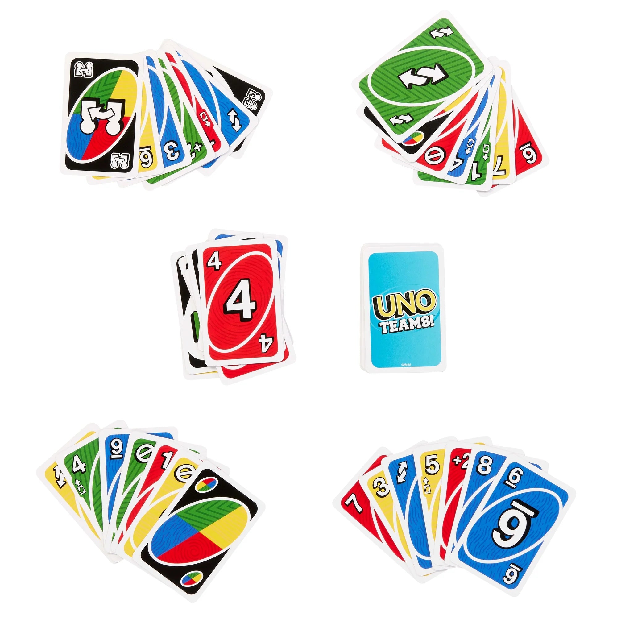 Colorful Uno Teams! playing cards on a white background