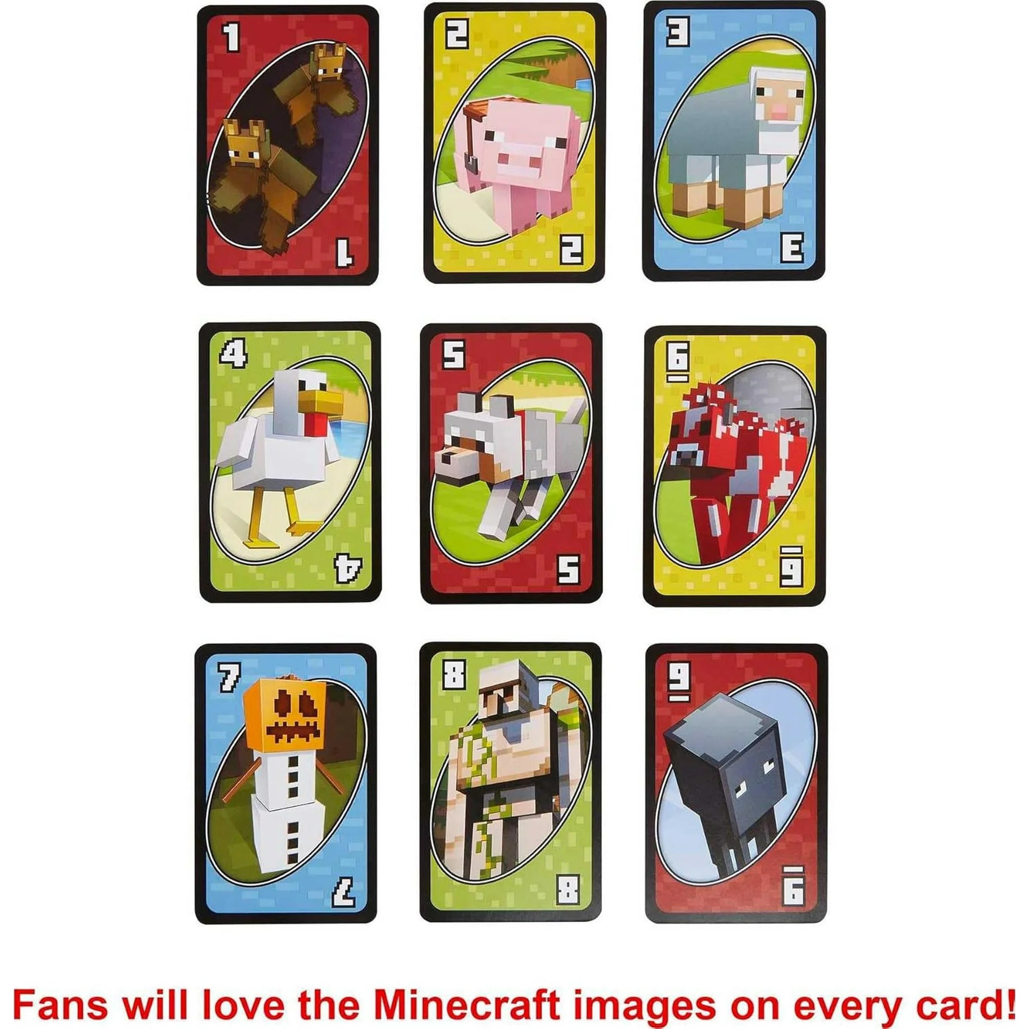 Set of Minecraft-themed playing cards with character illustrations on a white background.