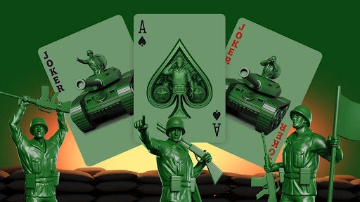 Army Men Playing Cards custom Ace of Spades and Jokers with green soldiers, tank and cannon