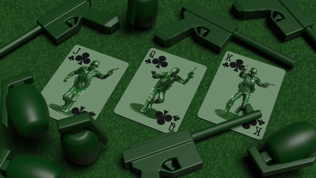 Army Men Playing Cards Jack, Queen and King of Spades featuring custom green soldier figures