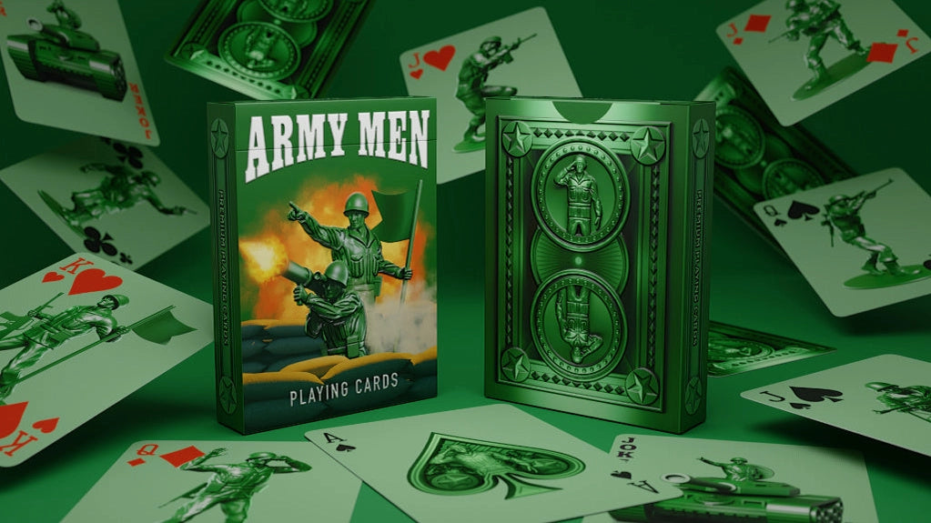 Army Men Playing Cards tuck boxes surrounded by custom green soldier playing cards