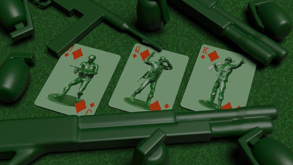 Army Men Playing Cards custom Jack, Queen and King of Diamonds surrounded by green toy weapons