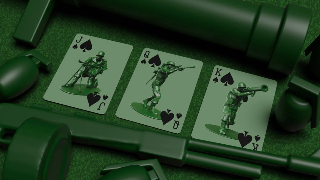 Army Men Playing Cards Jack, Queen and King of Spades featuring custom green soldier figures