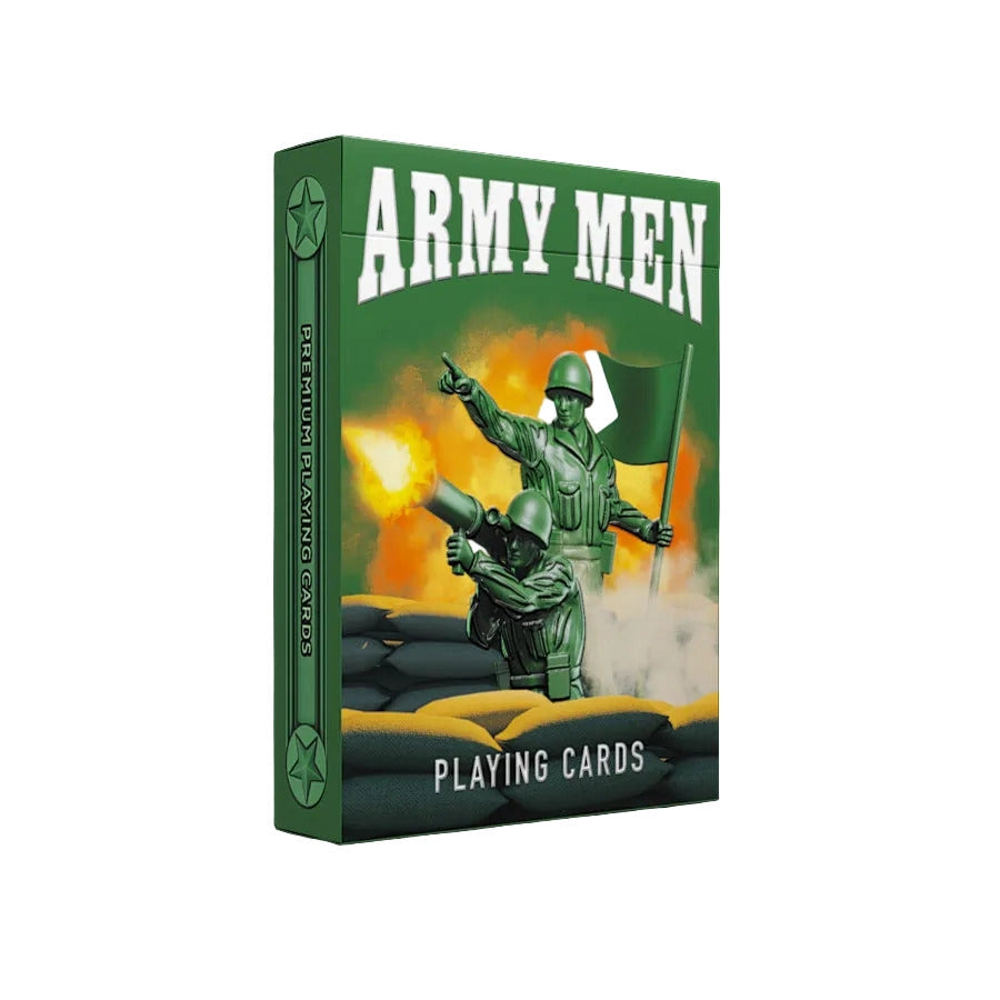 Army Men Playing Cards green tuck box featuring molded toy soldiers behind sandbags