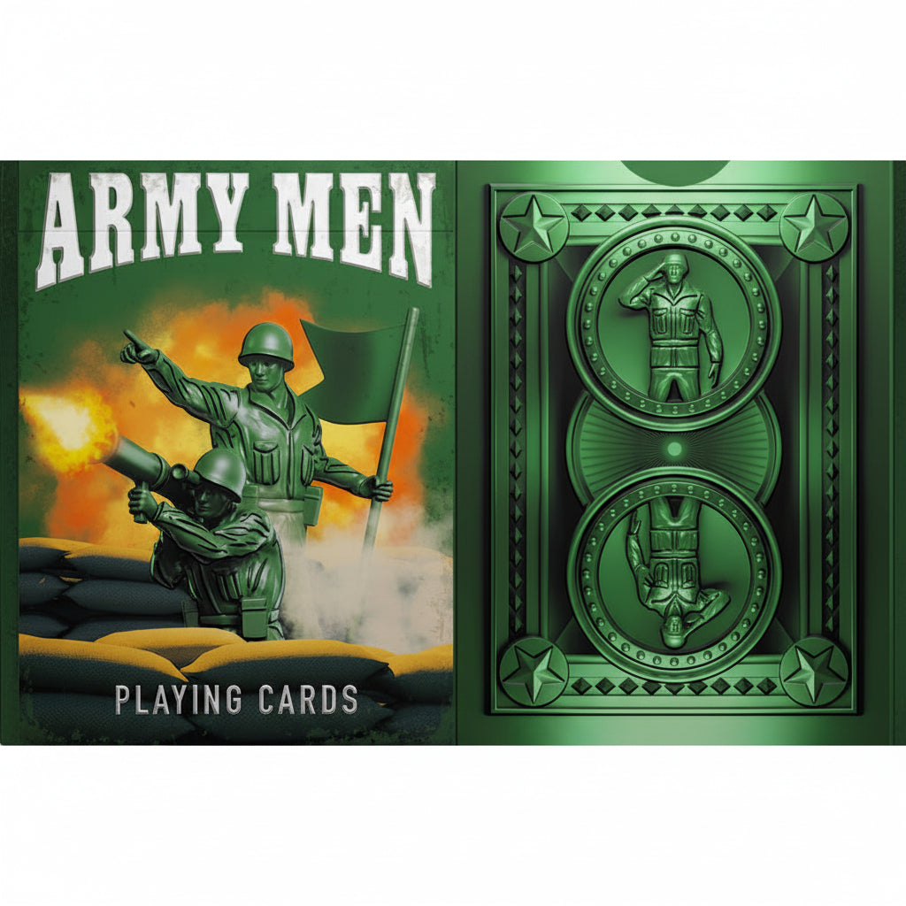 Front and back of Army Men Playing Cards tuck box showing green toy soldiers and military card-back design