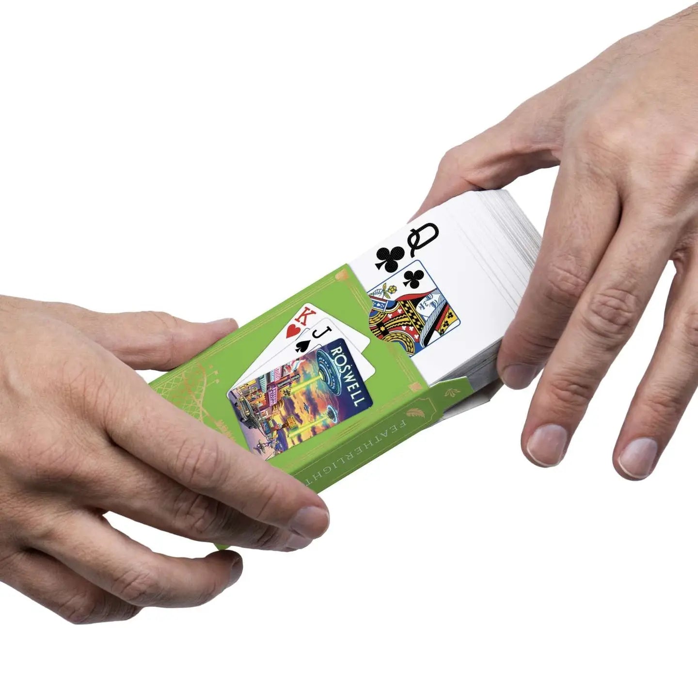 Roswell playing cards sliding from the Boardwalk tuck box