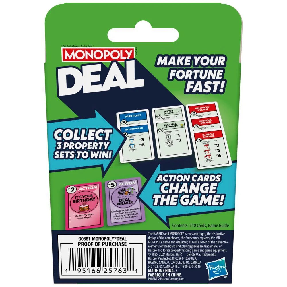 Monopoly Deal card game packaging with green and blue design