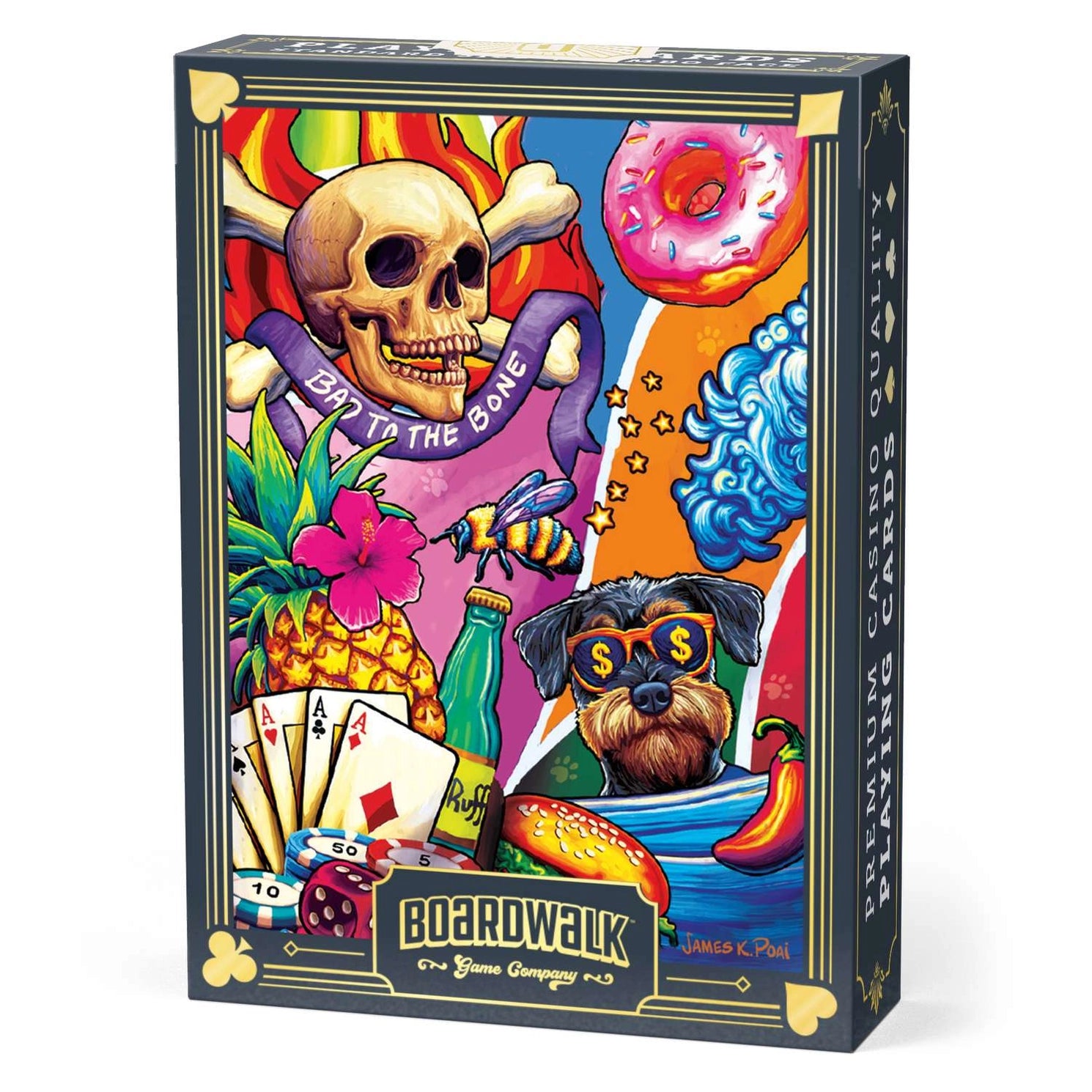 Bad to the Bone Playing Cards by Boardwalk tuck box with colorful skull, dog, cards, chips, donut, and pop-art artwork