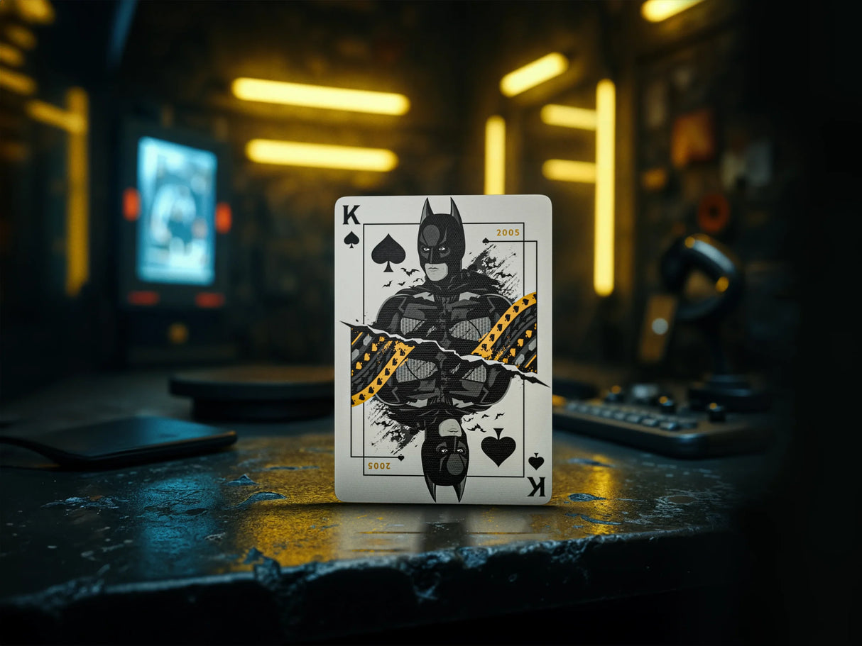 Playing card with Batman design on a dark, neon-lit background