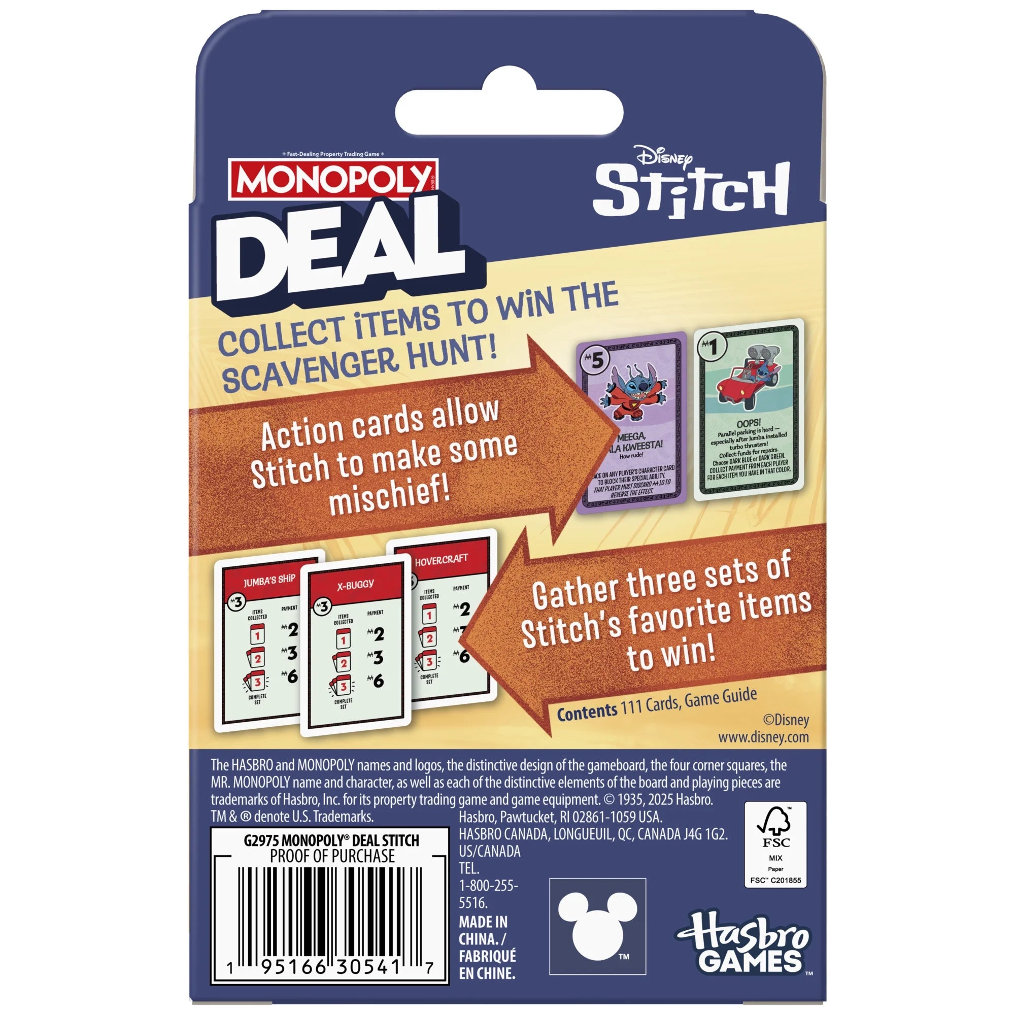 Monopoly Deal Disney Stitch card game packaging with text and images of cards.