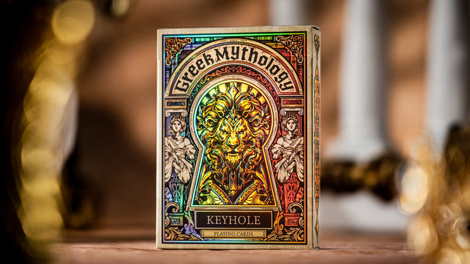 Keyhole Luxury Edition playing card box with 'Greek Mythology' design featuring a keyhole and classical figures.