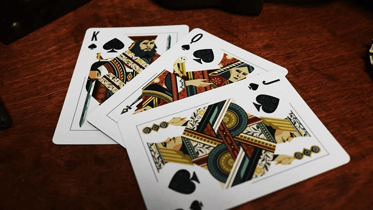 Bicycle Aviary Orange custom King, Queen, and Jack of Spades with geometric bird-inspired artwork