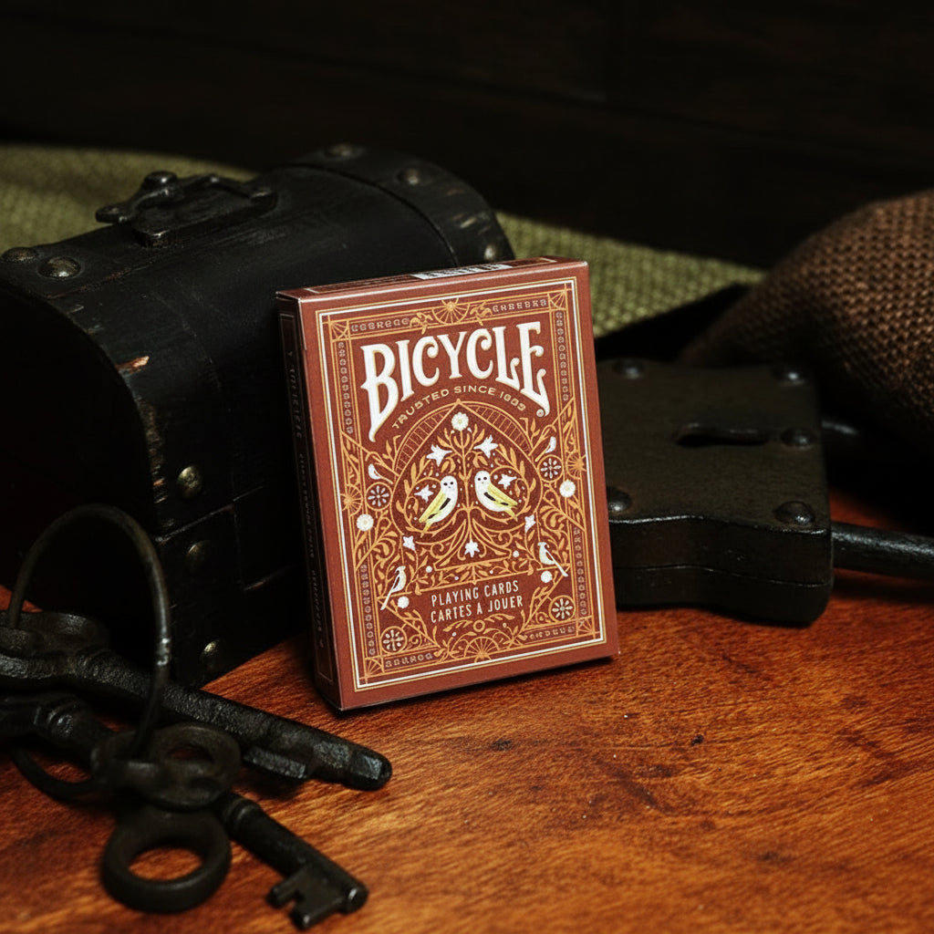 Bicycle Aviary Orange Playing Cards tuck box with ornate bird and floral artwork in warm orange and copper tones