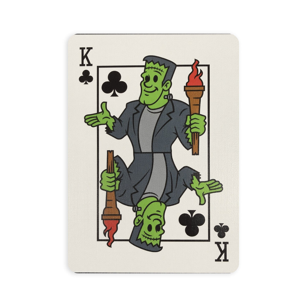 Two-way King of Clubs from Bicycle Classic Halloween illustrated as Frankenstein’s monster holding flaming torches.