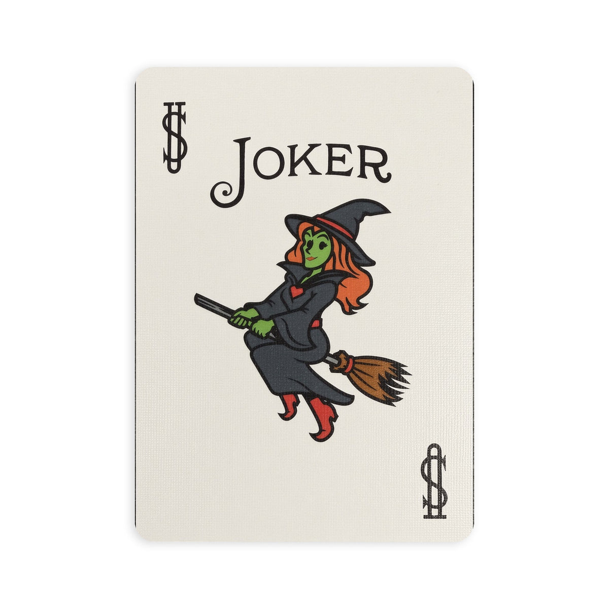 Custom Bicycle Classic Halloween Joker featuring a green-faced, red-haired witch flying on a broom.