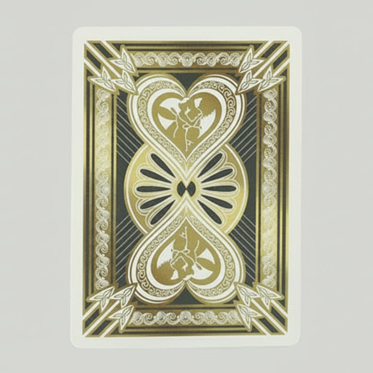 Decorative playing card with gold and black design on a white background