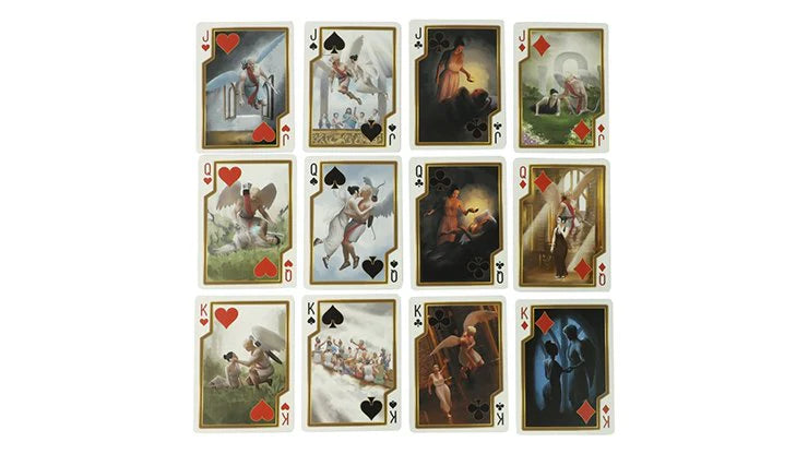 Set of playing cards with artistic illustrations on a white background