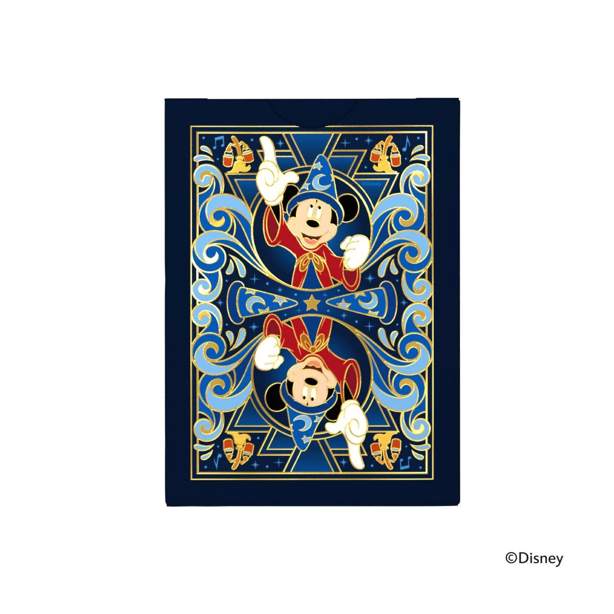 Back of the Bicycle Disney Fantasia tuck box with mirrored Sorcerer Mickey portraits, gold foil, and blue flourishes
