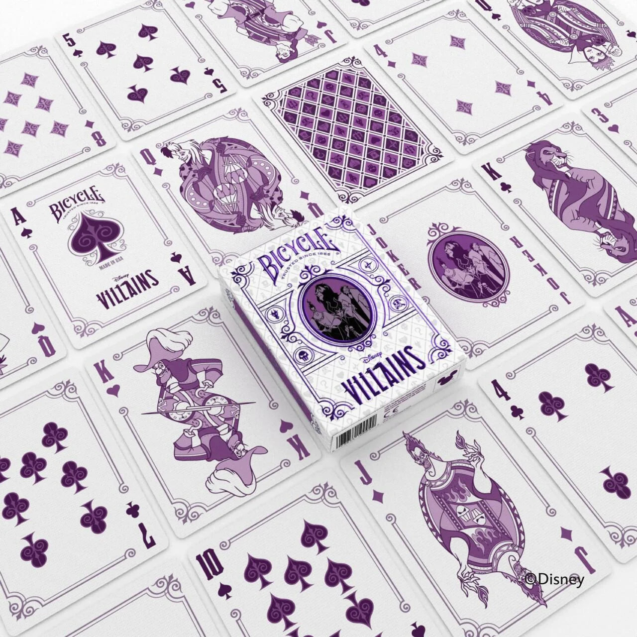 Bicycle Disney Villains Special Edition deck showing custom purple court cards, card back and tuck box