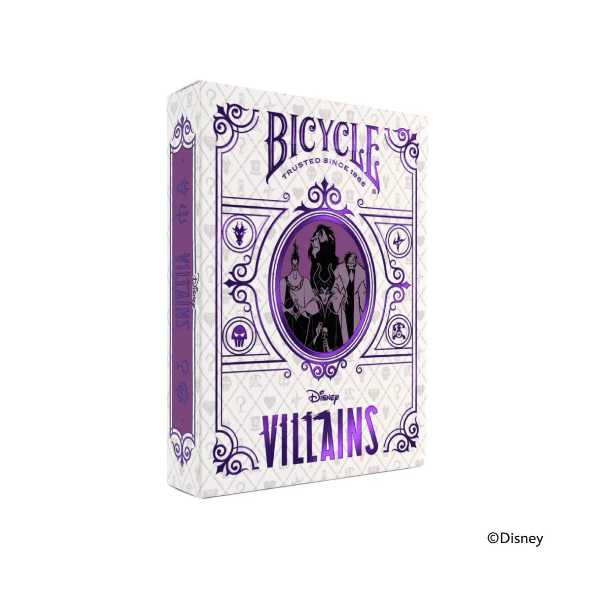 Bicycle Disney Villains Special Edition Playing Cards white tuck box with purple and silver foil artwork