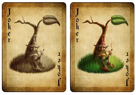 Two Bicycle Gnomes Jokers showing monochrome and full-color versions of the gnome jester artwork
