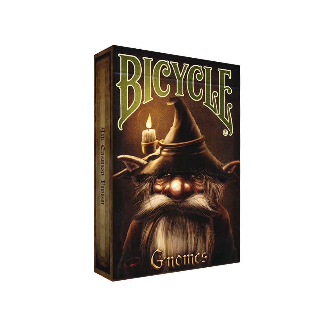 Bicycle Gnomes Playing Cards tuck box featuring an illustrated bearded gnome holding a candle
