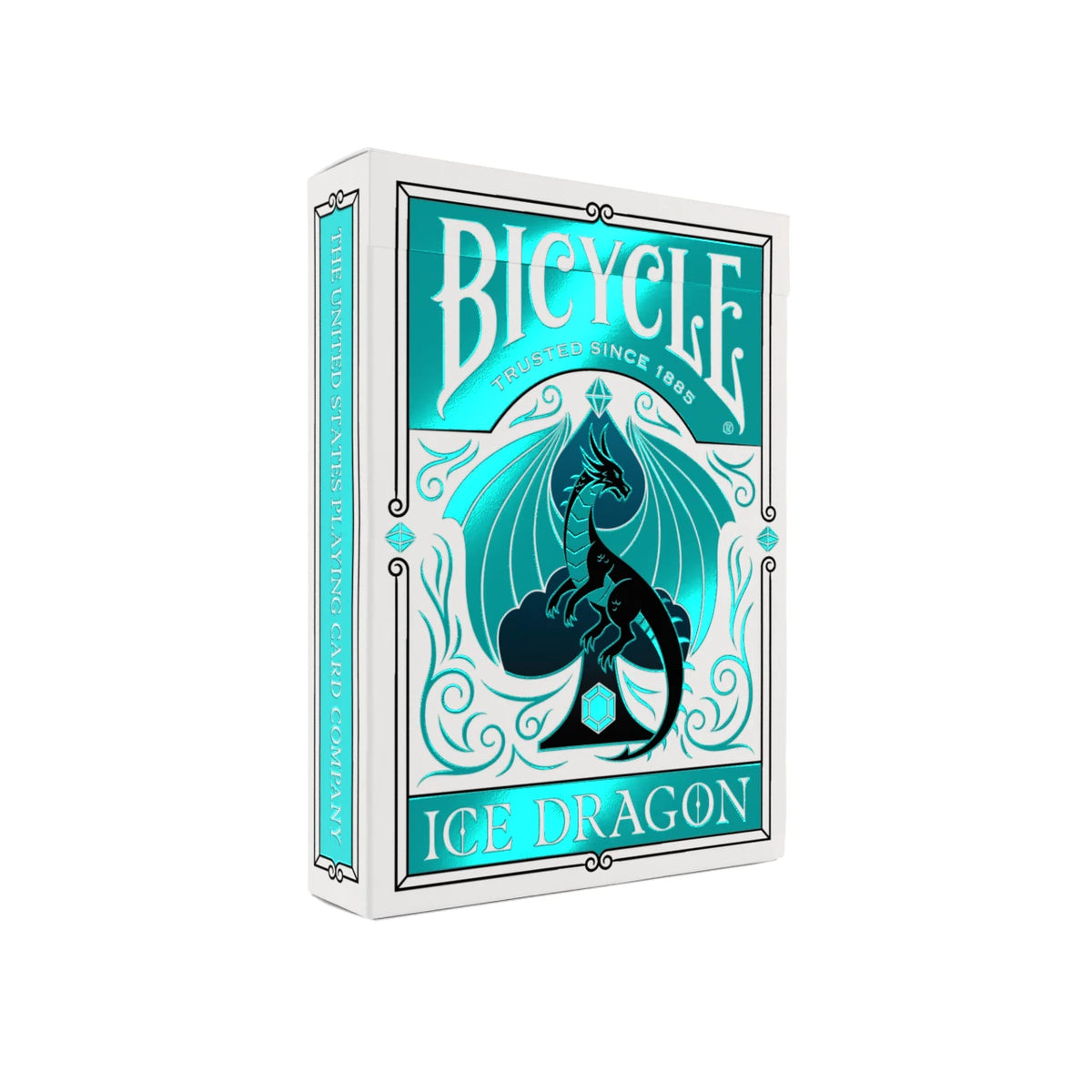 Bicycle Ice Dragon playing cards tuck box with ice-blue foil, black dragon artwork, and white borders