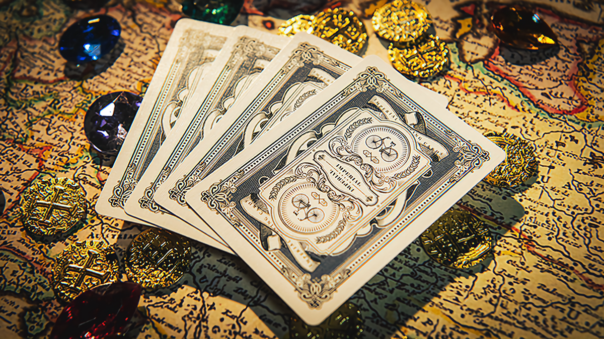 Bicycle Imperial Blue Edition playing cards showing the two-way back design in a fan