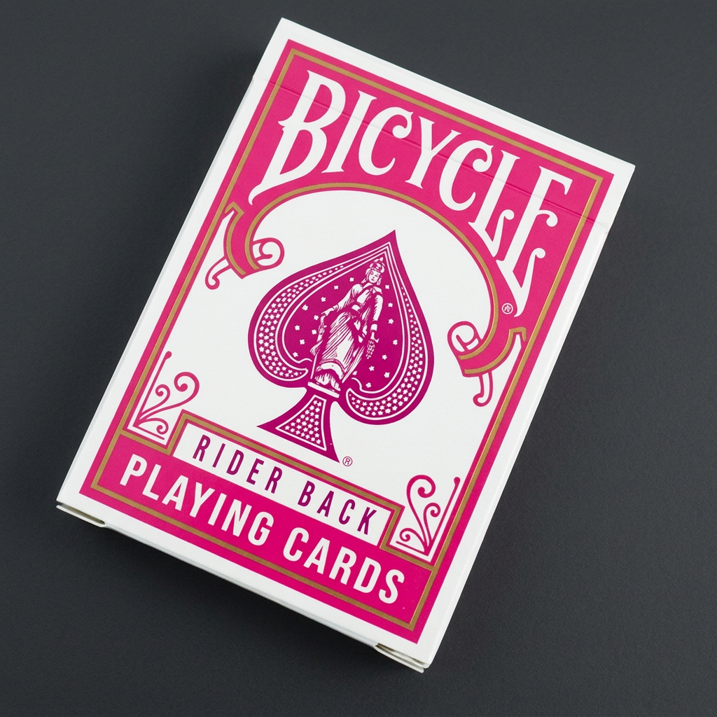 Front of Bicycle Mini Fuchsia Rider Back Playing Cards tuck box with fuchsia Bicycle branding and purple spade emblem