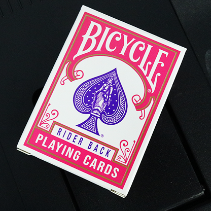 Front of Bicycle Mini Fuchsia Rider Back Playing Cards tuck box with fuchsia Bicycle branding and purple spade emblem