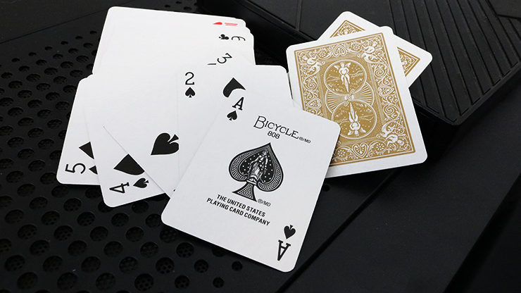 Bicycle Mini Gold Playing Cards showing traditional faces, standard indices, Ace of Spades, and gold Rider Backs
