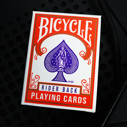 Front of Bicycle Mini Orange Rider Back Playing Cards tuck box with Bicycle branding and miniature design
