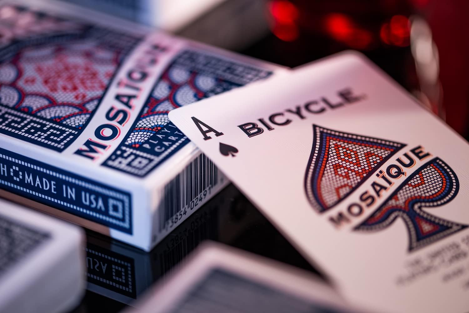 Bicycle Mosaïque custom Ace of Spades beside the mosaic-pattern tuck box