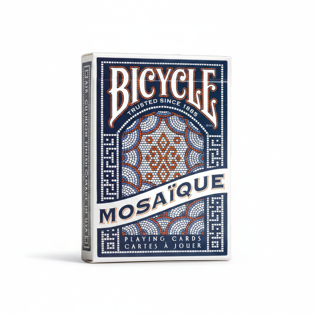 Angled view of Bicycle Mosaïque Playing Cards box with Air-Cushion Finish side panel